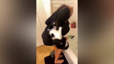 Kedisine banyo yaptırmaya çalışan kadın