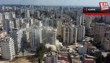 Adana'da depremde ağır hasar gören 14 katlı apartman kontrollü olarak yıkıldı