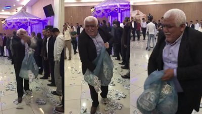 Düğünde çöp torbasıyla dolar saçmak