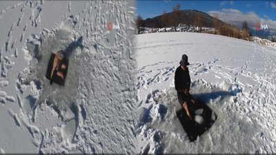 Uludağ'da buz tutan göletlere böyle girdi