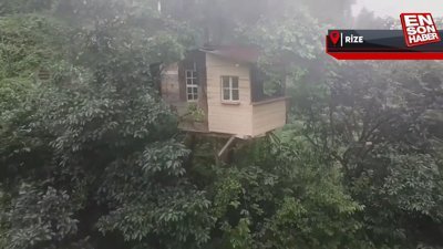 Rize'de 20 metre yüksekte kendine ağaç ev yaptı