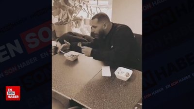 Karısını koruyormuş gibi gözüküp yemeğinden yiyen adam kamerada