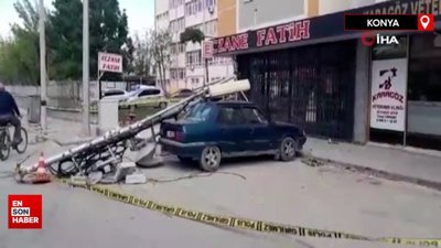 Konya’da rüzgardan kopan baz istasyonu direği 5. kattan otomobilin üzerine düştü