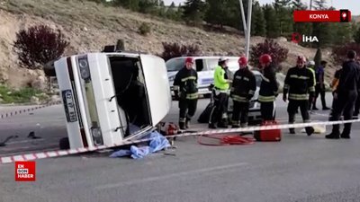 Konya'da minibüsün devrilerek sürücüsünün altında kaldığı kaza anı