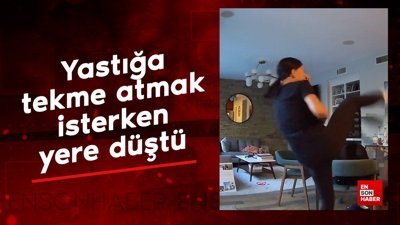 Yastığa tekme atmak isterken yere düştü