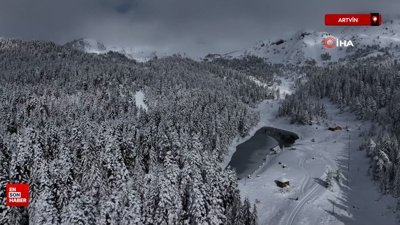 Artvin'de beyaza bürünen Balık Gölü havadan görüntülendi