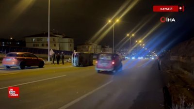 Kayseri'de köpeğe çarpan minibüs yan yattı