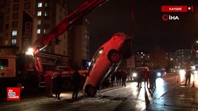 Kayseri'de takla atan otomobilinin kapıları zarar görmesin diye vinç getirtti