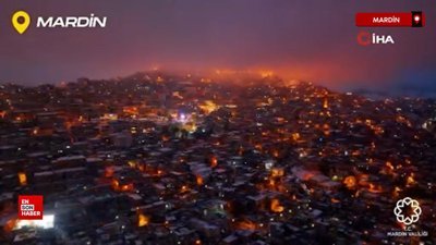 Beyaza bürünen Mardin, gece havadan