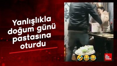 Yanlışlıkla doğum günü pastasına oturdu