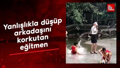 Yanlışlıkla düşüp arkadaşını korkutan eğitmen