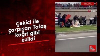 Malatya'da çekici ile çarpışan Tofaş kağıt gibi ezildi