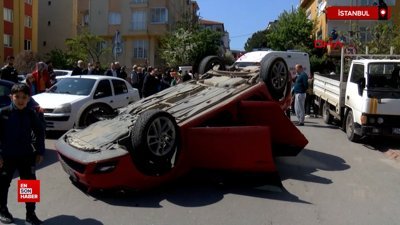 Ümraniye'de motosiklete çarpan otomobil takla attı