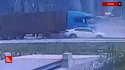 Aydın'da tırın çarptığı otomobil metrelerce sürüklendi