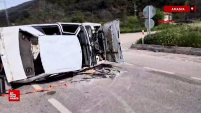 Amasya'da köpeğe çarpmamak için manevra yapan otomobil yan yattı