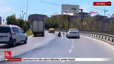 Zeytinburnu'nda yakıt dökülen yolda motosikletiyle kaydı