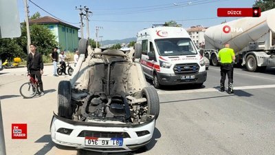 Düzce'de yayaya yol veren otomobile çarpıp takla attı