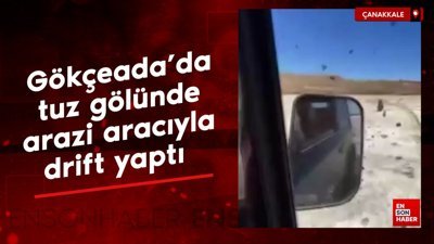 Gökçeada'da tuz gölünde arazi aracıyla drift yaptı