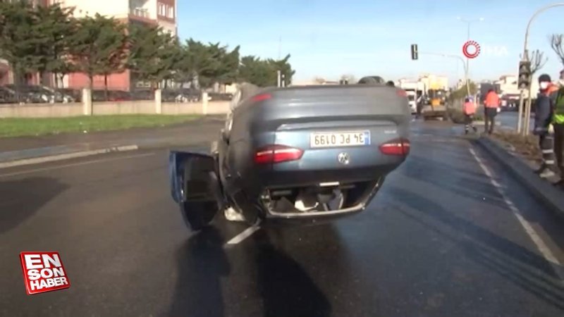 Büyükçekmece’de boş yolda takla atan otomobil, ters durdu