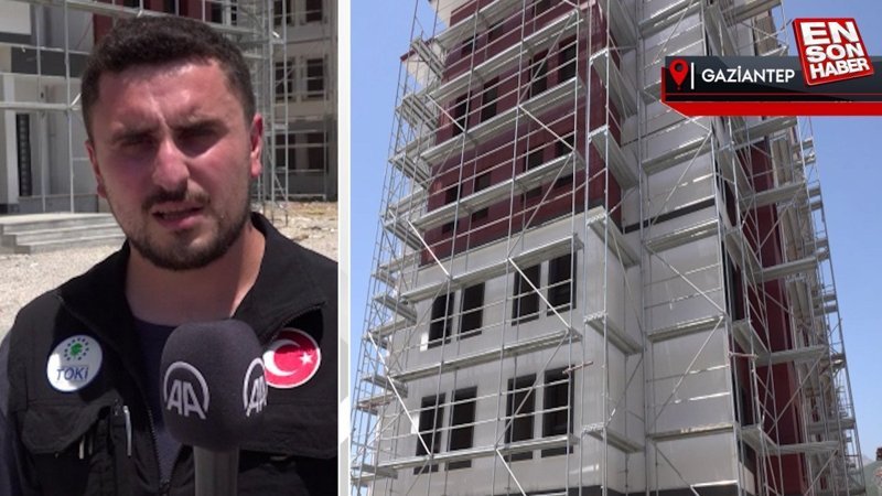 İslahiye'deki deprem konutlarında kaba inşaatı biten bloklarda dış cephe çalışmaları yapılıyor