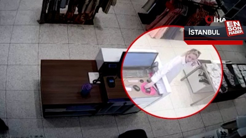 Gaziosmanpaşa'da kadın hırsızın kasadaki telefonu çaldığı anlar kamerada