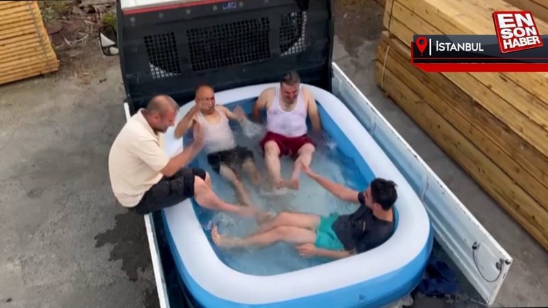 Sultanbeyli'de serinlemek için kamyonet kasasına havuz kurdular