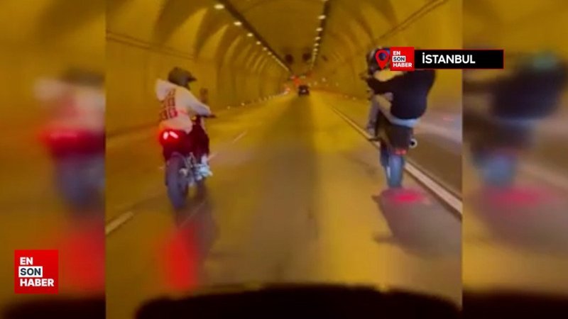 İstanbul'da tünelde motosikletle tek teker giden maganda