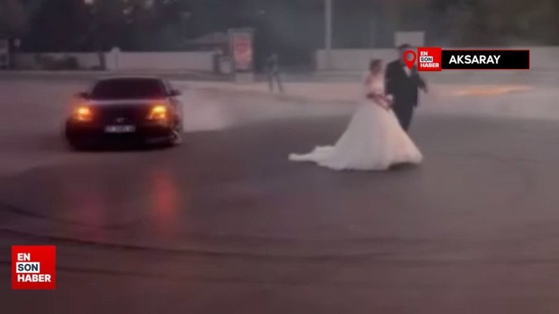 Aksaray'de gelin ve damadın etrafında drift attı