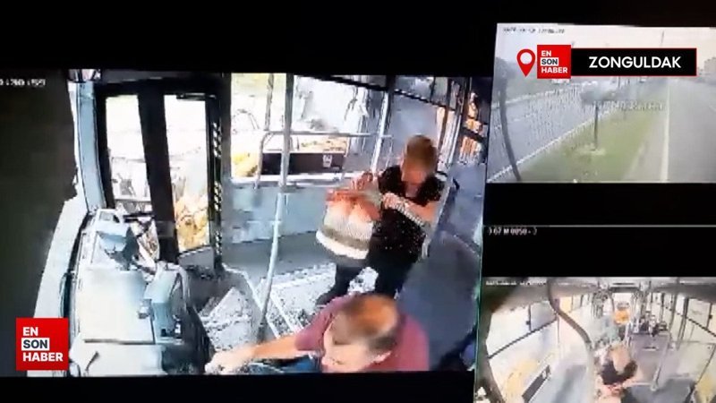 Zonguldak'ta halk otobüsü ile iş makinesinin çarpışma anı kamerada