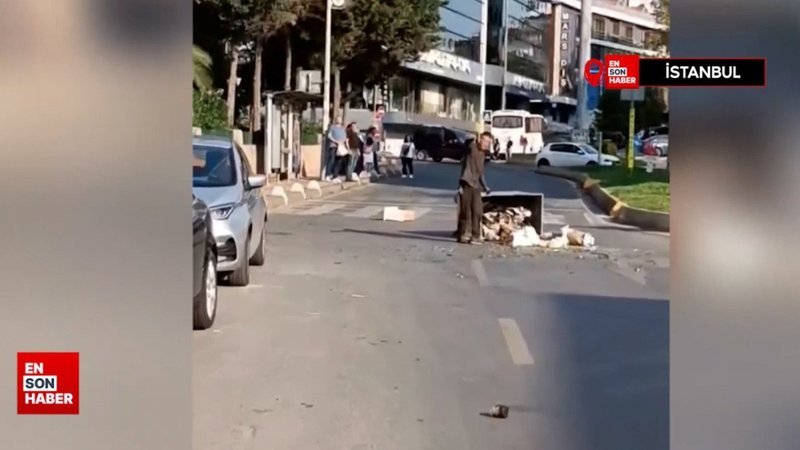 Kağıthane'de çöp konteynerini devirdi, içindekileri etrafa fırlattı