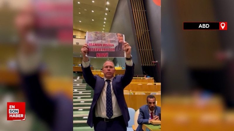 İsrail temsilcisinden BM'de konuşan İran Cumhurbaşkanı'na Emini'nin posteriyle protesto