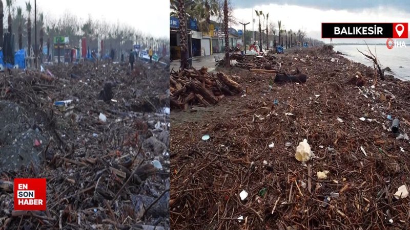Balıkesir’de Altınkum sahili sel sonrası ağaç parçaları ve çöple doldu
