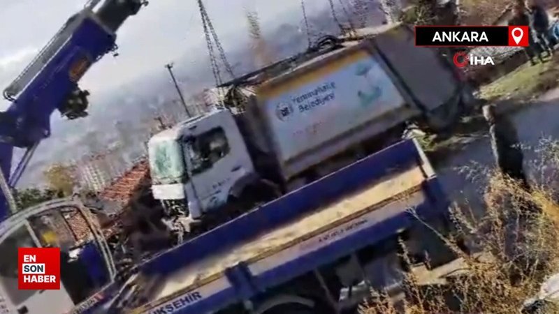 Ankara'da faciadan dönüldü: Çöp kamyonu evin çatısına uçtu