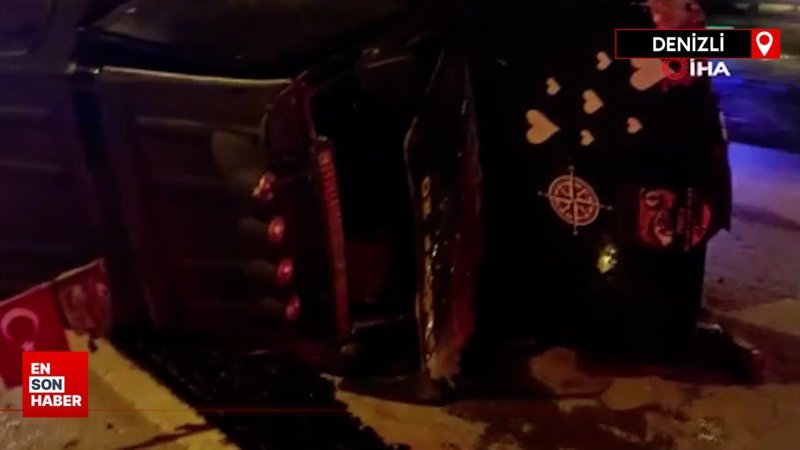 Denizli’de takla atan araçtan burnu bile kanamadan çıktı