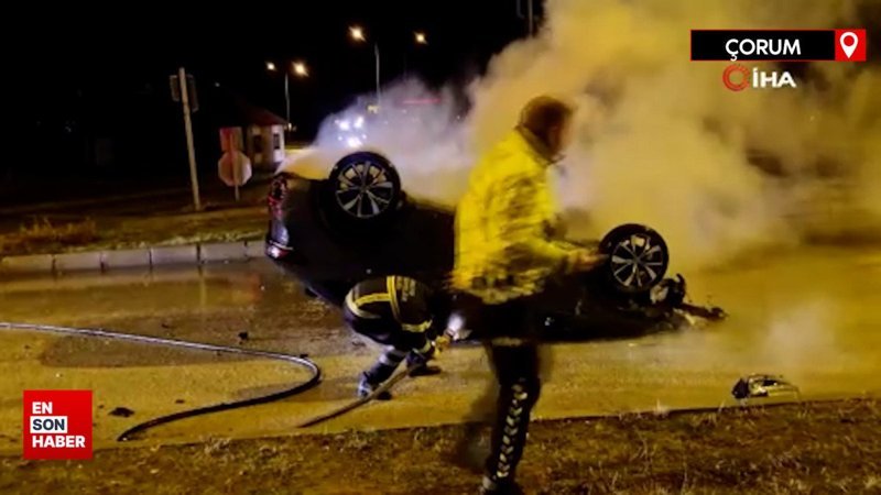 Çorum'da takla atan cip alev aldı