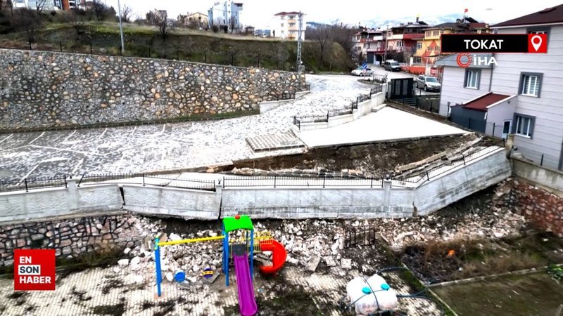 Tokat'ta faciadan dönüldü: Parka istinat duvarı düştü