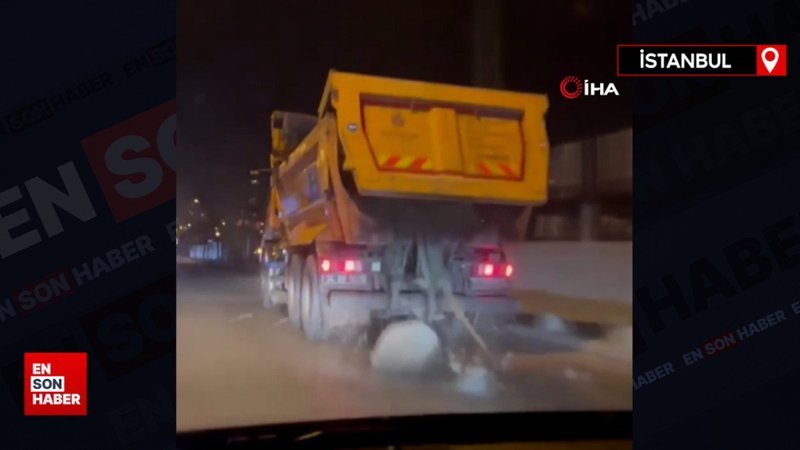 İBB’ye ait hafriyat kamyonun kapağı açık kaldı: Taş parçaları yola düştü