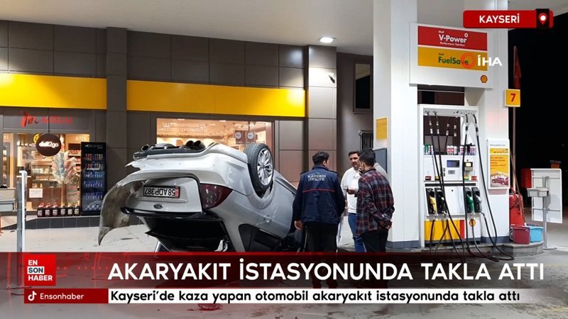 Kayseri'de kaza yapan otomobil akaryakıt istasyonunda takla attı