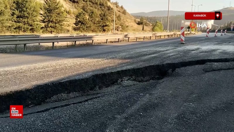 Karabük'te karayolunda çökme medyana geldi