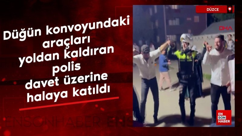 Düzce'de düğün konvoyundaki araçları yoldan kaldıran polis, davet üzerine halaya katıldı